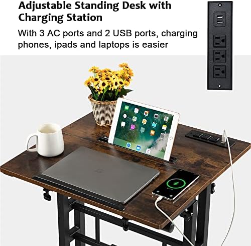 Hadulcet Mobile Standing Desk with Wheels, Rolling Desk Adjustable Height, Portable Laptop Table with Charging Station, Sit Stand up for Home Office, Study, Classroom, Rustic Brown