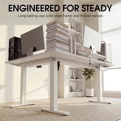 Furmax 63 x 47 Inch L Shaped Standing Desk with 2 Preset Heights, Electric Height Adjustable Computer Desk, Corner Sit Stand Desk for Home Office, 2 Hooks & Feet Balance (White, 63 x 47 Inch)