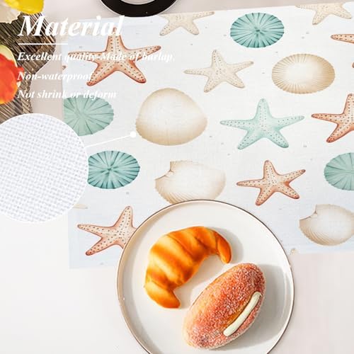 Shrahala Sea Creatures Set of 8 12 X 18 Inch Linen Placemats, Seaside Pattern Burlap Table Mat Washable Double Layered Heat Insulation for Indoor/Outdoor