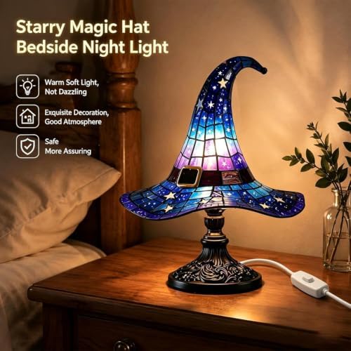 Stained Glass Witch Hat Lamp, Handcrafted Resin Halloween Witch Lamp (Blue)