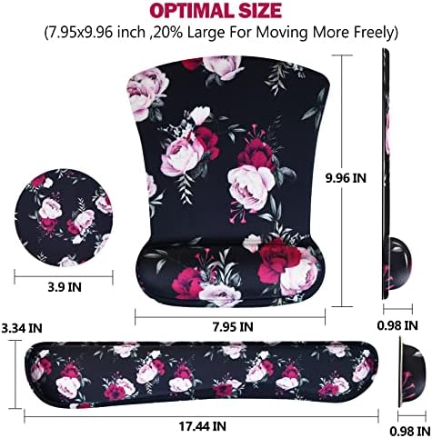 AIMSA Ergonomic Keyboard Wrist Rest and Mouse Pad with Wrist Support Set, Memory Foam Non-Slip Rubber Base, for Home, Office, Easy Typing, Pain Relief, Peony Flowers