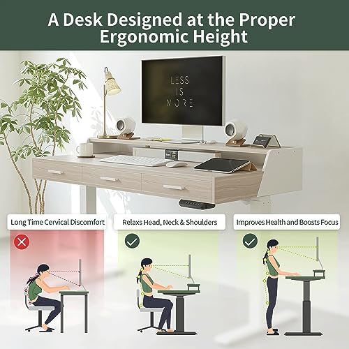 CubiCubi One-Piece Standing Desk 48x26 with 3 Wood Drawers, Light Walnut