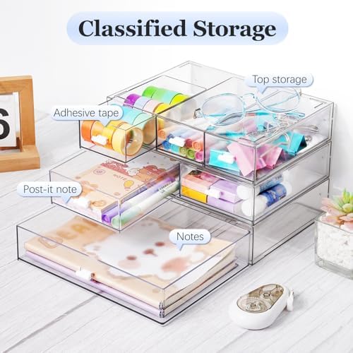 3 Tier Stackable Desk Organizer with 6 Drawers, YOCOMEY Plastic Desktop Storage Box Drawers, Detachable Makeup Storage Office Stationery Supplies Organizer for Office School (All Clear)