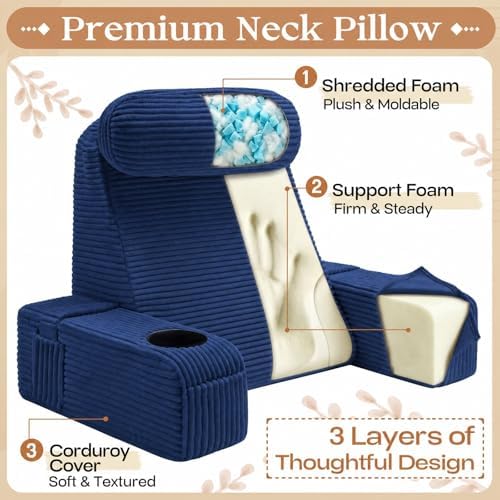 Reading Pillow/Backrest Pillow with Arms, Cup Holder & Phone Pocket