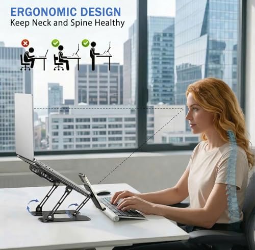 Laptop & Phone 2-in-1 Cooling Stand with Silent Fan, Adjustable Height & Angle, Carbon Steel Foldable Laptop Riser, Gaming Laptop Cooler Pad for Laptops Up to 18 Inch (Black)