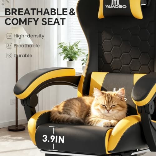 Gaming Chair, Computer Office Chair with Footrest, Adjustable Height & Backrest Gaming Chairs with Swivel for Adults, High Back PU Leather Ergonomic Chair with Lumbar Support, Blackyellow