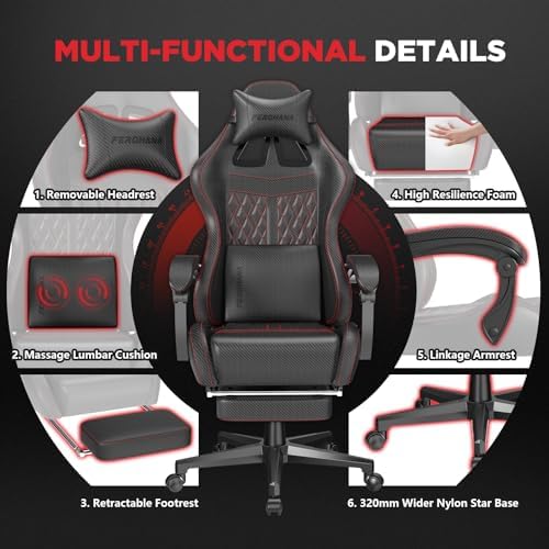 Ferghana Vintage PU Leather Gaming Chair, High Back Gamer Chair with Massage, Ergonomic Computer Office Chair with Footrest for Adults, Racing Style Reclining Video Game Chair Black