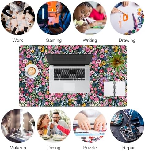 Colorful Star Large Mouse Pad, Floral Desk Mat Office Supplies, Waterproof Faux Leather Big Gaming Mousepad for Women Girls, Blooming Flowers Desk Pad Home Office Décor Accessories 23.6" x 13.8"