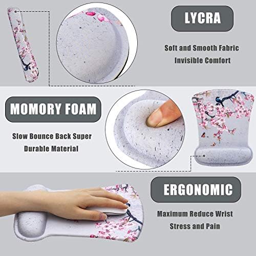 Ergonomic Keyboard Mouse Pad Set with Wrist Rest Support, Memory Foam Hand Rest Wrist Cushion Set for Laptop/Notebook/Desktop/Computer/Gaming/Office/Desk, Easy Typing & Pain Relief(Bird & Pink Flower)