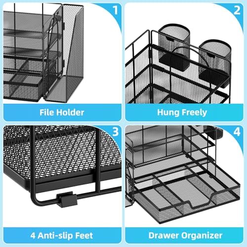 Marbrasse 4-Tier Paper Tray Organizer with Drawer and Pen Holder, Black