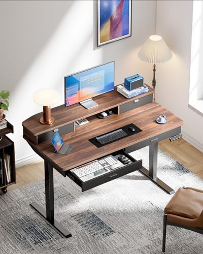 HUANUO 55 x 30 inch Electric Standing Desk with 4 Drawers, Walnut