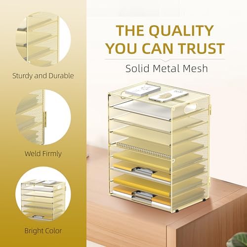 9-Tier Paper Organizer for Desk, Metal Mesh Letter Tray with Handles, Gold