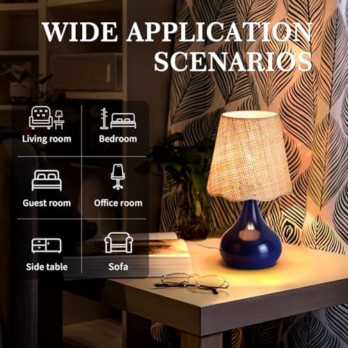 Ziqqeelam Navy Blue Small Table Lamp Touch Control, Farmhouse Bedside Lamps for Nightstand, Vintage Small Table Lamps for Small Spaces for Bedroom, Kitchen Counter, End of Table, Office