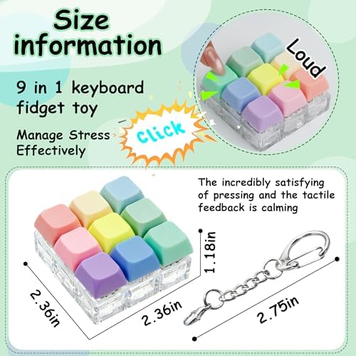 Keyboard Fidget Toy, Keyboard Fidget Keychain 9-in-1 Keyboard Decompression Button Finger Clicker Toys Stress Relief Fidget Gifts (9 Colors)