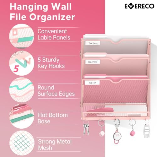 4-Tier Wall File Organizer and Mail Organizer with 5 Hooks, Pink