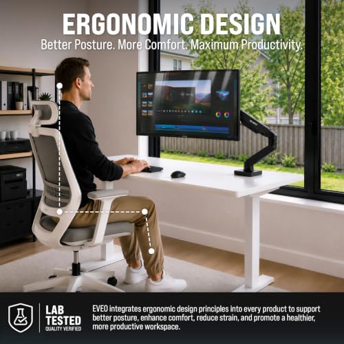 EVEO Premium Single Monitor Arm 14"–34", Adjustable Gas Spring Monitor Mount, Single Arm Desk Mount for 34 Inch Computer Screens, VESA Compatible Stand with Clamp and Grommet Base – Black