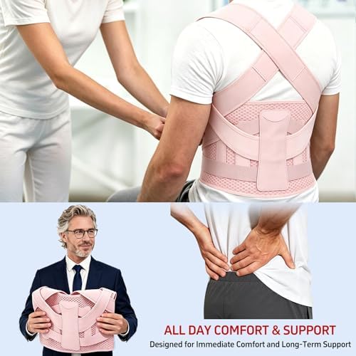 Posture Corrector for Women and Men Back Brace Straightener Scoliosis Spine Support Hunchback Upright Instant Thoracic Relief Pain Adjustable Shoulder Straps Kyphosis (Pink, Medium)