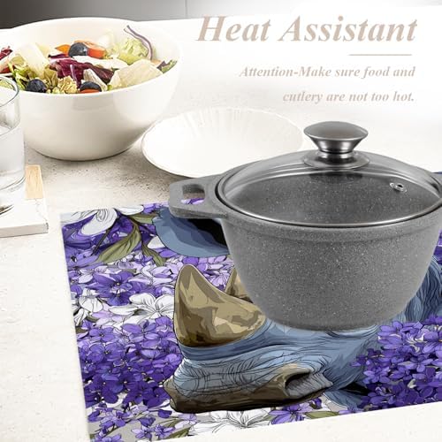 Shrahala Wild Rhinoceros Set of 4 12 X 18 Inch Linen Placemats, in Purple Flowers Burlap Table Mat Washable Double Layered Heat Insulation for Indoor/Outdoor