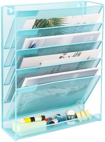 EASEPRES Desk File Organizer Mesh 6-Tier, Hanging Wall Mount Document Organization Stand, Desktop Vertical Mail Paper Folder Holder Rack with Bottom Tray for Office Home Cubicle Countertop, Blue