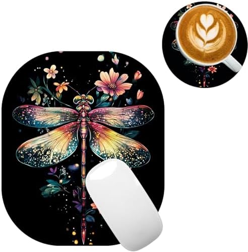 Small Mouse Pad，Mini Mouse Pad 6 x 7 Inch，for Laptop Keyboard Tray Wireless Mouse Home Office Travel，with Non-Slip Rubber Base, Waterproof Mouse Mat，Colorful Dragonfly with Flowers