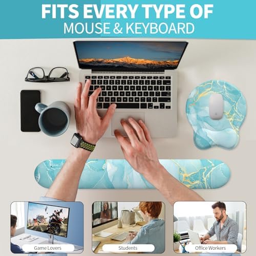 eulps Mouse Pad Wrist Support, Ergonomic Memory Foam Keyboard Wrist Pad & Gel Wrist Rest Set for Computer Keyboard for Easy Typing & Pain Relief for Office & Home(Blue Marble Set)