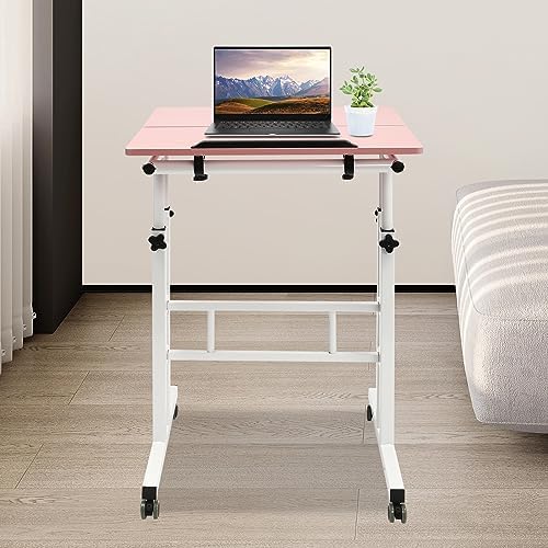 Mobile Stand up Desk, Portable Rolling Desk Laptop Cart, Height Adjustable Table, Small Adjustable Standing Desk with Wheels Home Office Workstation, for Computer Desk, Study Desk (Pink)