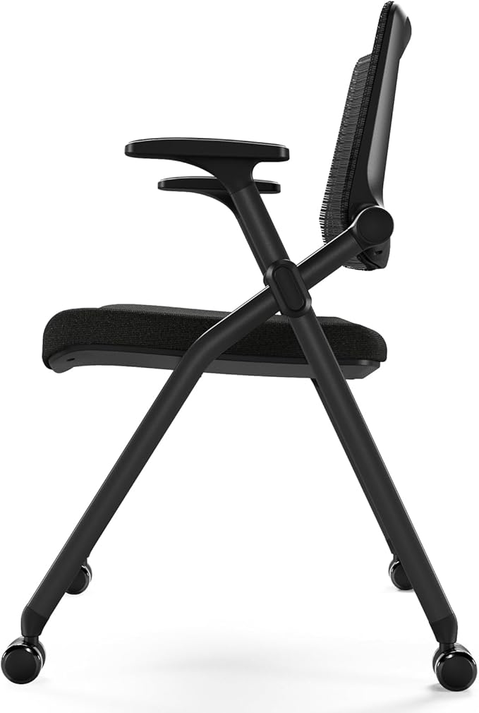 Foldable Office Chair with PU Wheels and Smooth Armrest-Ergonomic Mesh Bouncing Back, Stackable Conference Room Chair, Office Guest & Reception & Meeting Chair (Black)