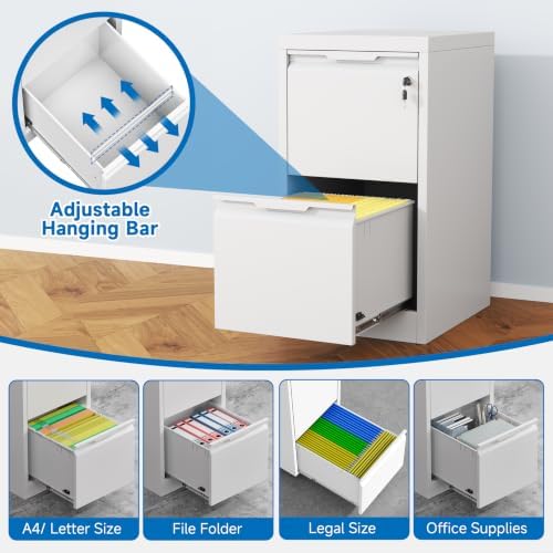 2 Drawer File Cabinet with Lock,Metal Small File Cabinet for Home Office,White Under Desk File Cabinet for Letter/Legal/A4/F4 Size File,Assembly Required
