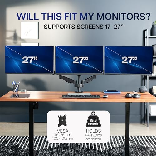 VIVO Triple Monitor Stand, Fully Adjustable Arms for 17 to 27 inch Screens, Mechanical Articulating Desk Mount, Gaming and Office Setups, VESA 75x75, 100x100, Max 19.8 lbs, Classic, Black, STAND-V003O