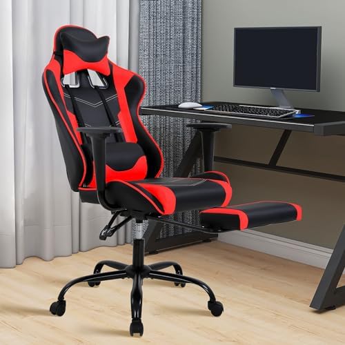 Gaming Chair, High Back PU Leather Gaming Chairs Computer Chair with Headrest & Lumbar Support, Height Adjustable Wide Seat Gaming Chairs for Adults, Game Chair with Footrest & Armrest
