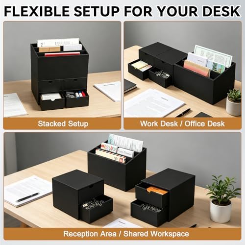 3 Sets Desktop Mail Organizer with Drawers, 3-Compartment Stepped Mail Sorter and 2-Drawer Storage Box for Bills, Letters, Envelopes, Papers, Home Office, Reception, Entryway and Mailroom