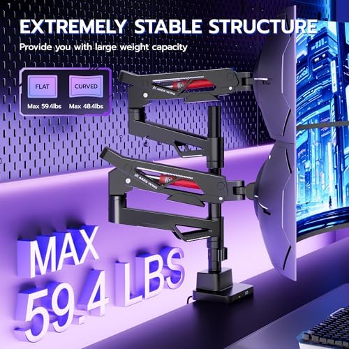 ARES WING Heavy-Duty Gas Spring Dual Ultrawide Monitor Arm57 60Lbs USB VESA