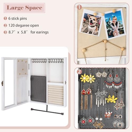 Keebofly Wall Mounted Rustic Wood Jewelry Organizer Cabinet - White