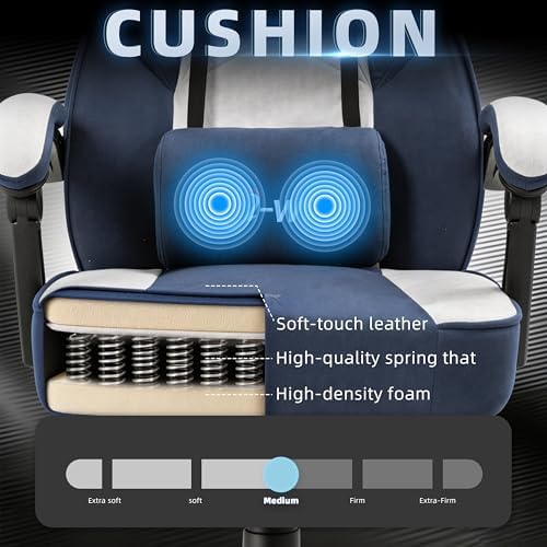 Shintenchi Big and Tall Gaming Chair Fabric Pocket Spring Cushion,High Back Recliner with Footrest and Headrest for Adults, Massage Lumbar Support for Home Office, Ergonomic Computer Desk Chair, Blue