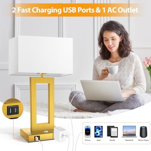 Kondras 3 Color Temperatures Touch Control Table Lamps Set of 2, Stepless Dimmable Bedside Lamps with 2 USB Ports&AC Outlet, Modern Nightstand Lamps for Bedroom Living Room, Bulbs Included, Gold&White