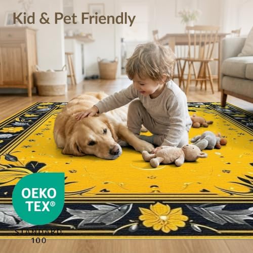 9'x12' Yellow Black Cat Golden Feline Motif Washable Area Rug