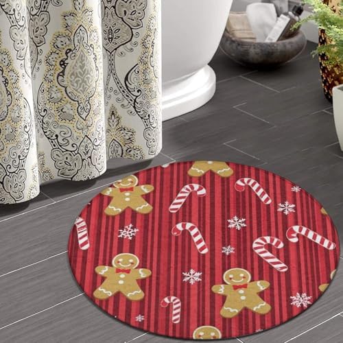 Room Sofa Yoga Soft Round Carpet, Home Decor Non Slip Kitchen Office Circle Rug, Machine Washable Modern Round Area Rug Christmas Red Gingerbread Cookies Candy Canes