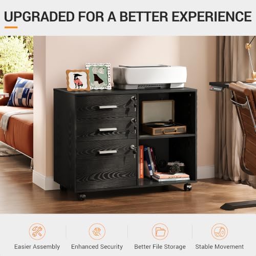 DEVAISE 3-Drawer File Cabinet with Lock, Mobile Wood Filing Cabinet, Black