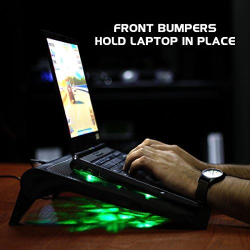 Enhance Gaming Laptop Cooling Pad Stand with LED Cooler Fans, Adjustable Height, & Dual USB Port for 17 inch Laptops - 5 Ultra Quiet High Performance Fans 2630 RPM & Built-in Bumpers - Green