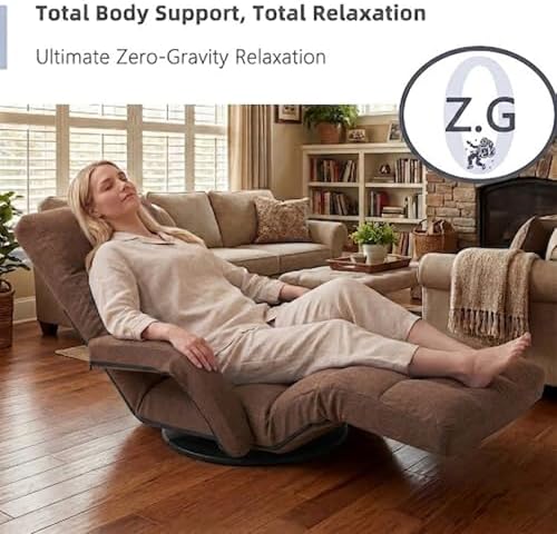 360° Swivel Floor Gaming Chair with Adjustable Footrest, 14-Position Folding Floor Lounger Sofa with Armrests, Reclining Floor Chair for Adults, Reading, Gaming & Relaxing (Brown-1)