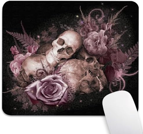 Vintage Pink Rose & Gothic Skull Mouse Pad, Floral Halloween Art Desk Mat