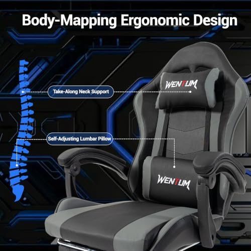 Ergonomic Gaming Chair with Footrest, Grey Black Video Game Chair w/Adjustable Headrest & Lumbar Support for Adults Kids, 360° Swivel for Home Office Bedroom Gaming Room, Grey&Black