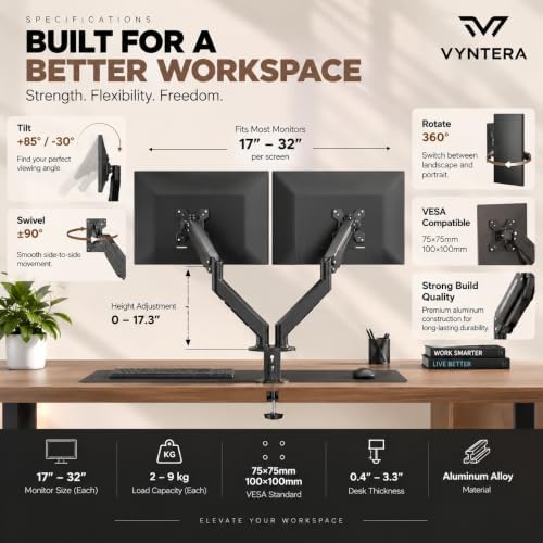 Dual Monitor Arm Stand – Adjustable Gas Spring Desk Mount for 2 Computer Screens, Full Motion Monitor Stand with Dual Clamp Base, Landscape & Portrait Rotation, Tilt & Swivel, Cable Management