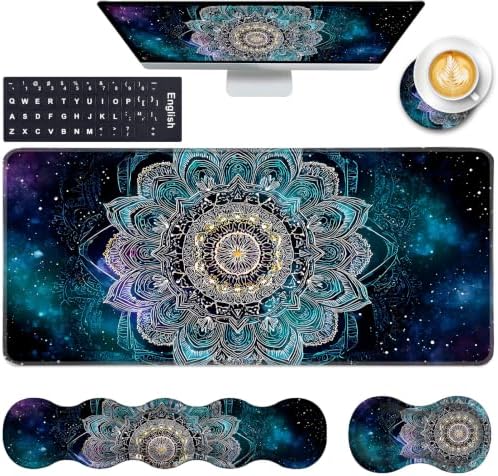 Keyboard Wrist Rest and Mouse Pad with Wrist Support Set Ergonomic Coaster,Memory Foam,Easy Typing Pain Relief,Large XL Desk Mat 31.5"x 11.8",Mandala in Galaxy