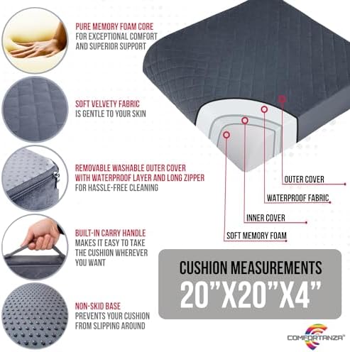 Medium-Soft 20x20x4 Memory Foam Recliner Chair Seat Cushion for Long Sitting - Armchair Pad with Washable Velvety Cover with Waterproof Layer & Non-Slip Base for Seniors & Elderly - Beige