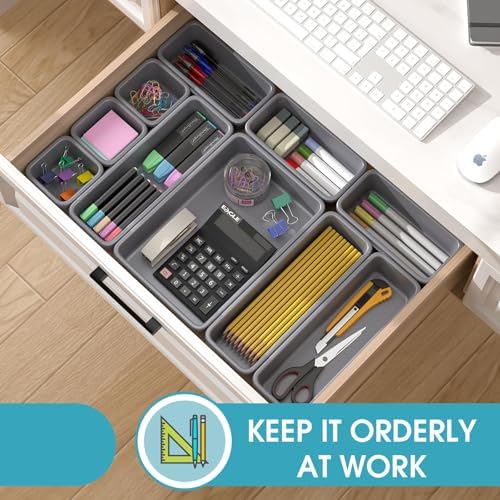 16 PCS Drawer Organizer Set, 4 Size Makeup Drawer Divider Organizer With Non-Slip Pads, Interlocking Plastic Storage Bins for Office,Jewelry Vanity,Gadgets, Bathroom,Kitchen, Grey