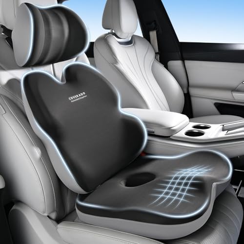 Coverado Seat Cushions Neck Pillow Lumbar Support Pillow for Car, Memory Foam Office Chair Back Support Orthopedic Coccyx Cushion with Non-Slip Bottom Neck Butt Back Pillow for Chair Truck Gray&Black