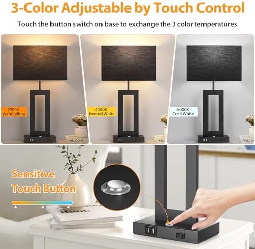 3 Color Temperatures Black Table Lamps for Bedrooms Set of 2, 22’’ Touch Control Bedside Nightstand Lamps with 2 USB Ports & AC Outlet, Modern Lamp Sets for Living Room, Stepless Dimming, Black Shade