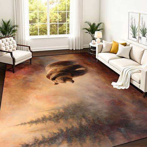 Serene Bear Among Pine Trees Ethereal Misty Landscape Area Rug Outdoor Patio Rug Play Mat Modern Floor Carpet Non-Slip Home Decor Living Room Kids Bedroom Nursery, 9x12 ft