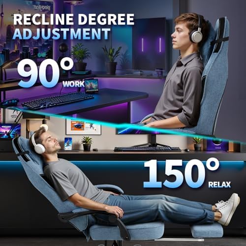 Gaming Chairs for Adults with Footrest Fabric Computer Ergonomic Video Game Chair-Backrest and Seat Height Adjustable Swivel Task Chair with Headrest and Lumbar Support(Blue)